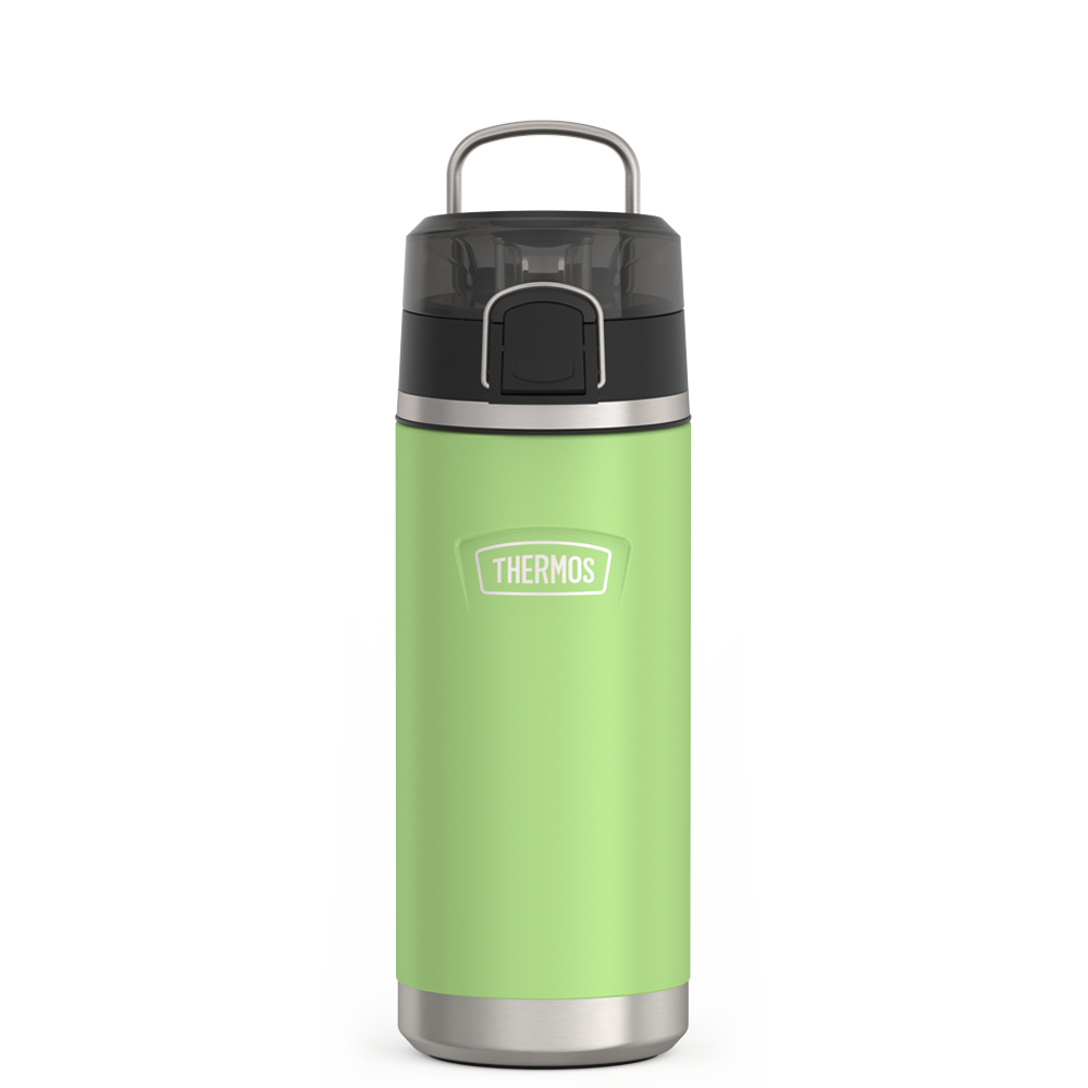 Thermos 18 ounce Stainless Steel Water Bottle with locking, covered spout lid, front view with metal handle up, Lime Green.