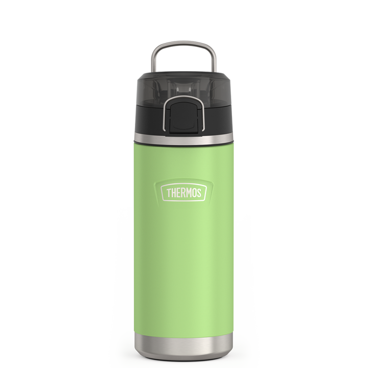 Thermos 18 ounce Stainless Steel Water Bottle with locking, covered spout lid, front view with metal handle up, Lime Green.