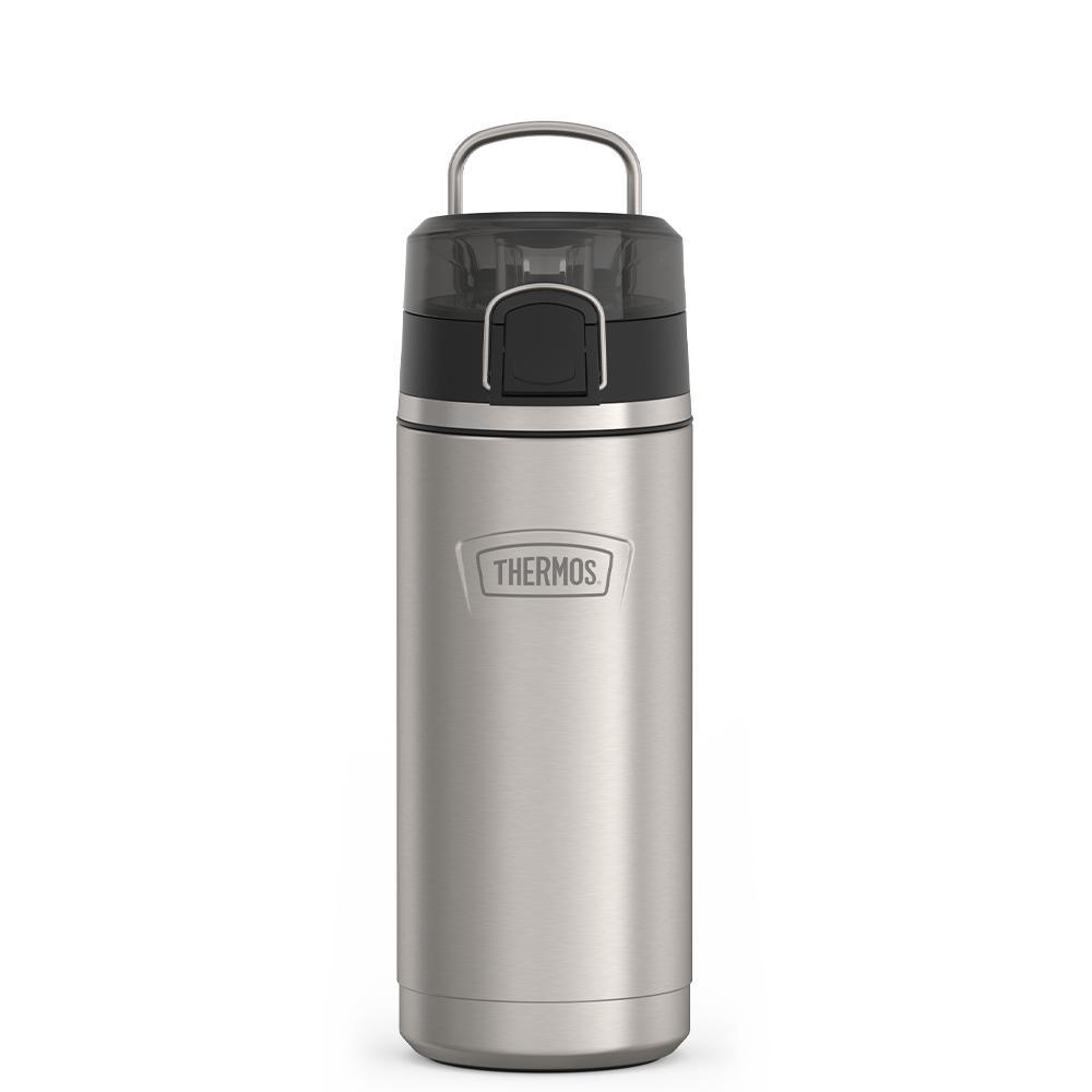 Thermos 18 ounce Stainless Steel Water Bottle with locking, covered spout lid, front view with metal handle up, Matte Stainless Steel.