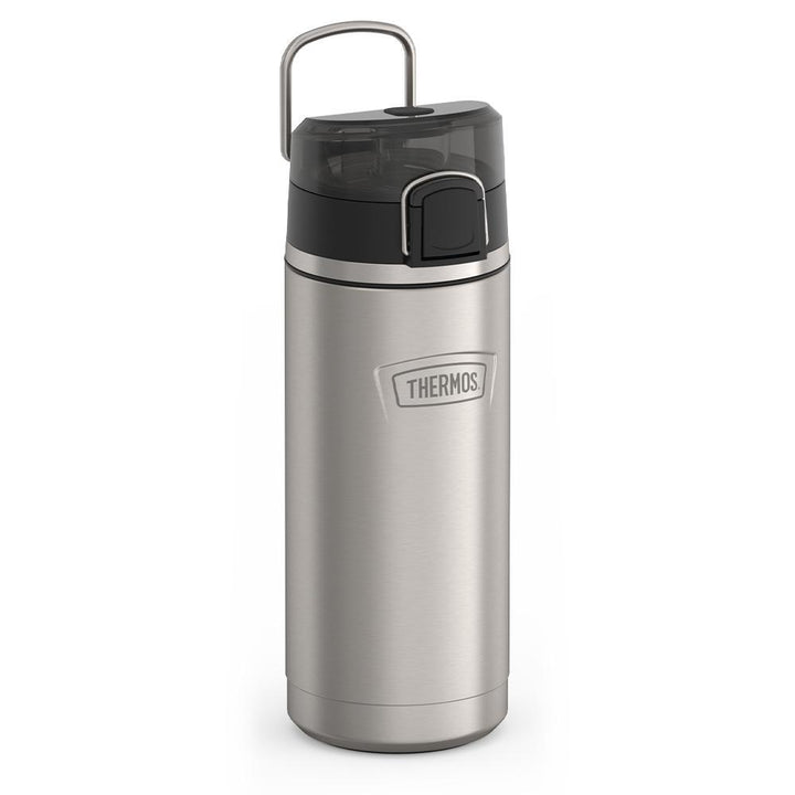Thermos 18 ounce Stainless Steel Water Bottle with locking, covered spout lid, side view with metal handle up, Matte Stainless Steel.