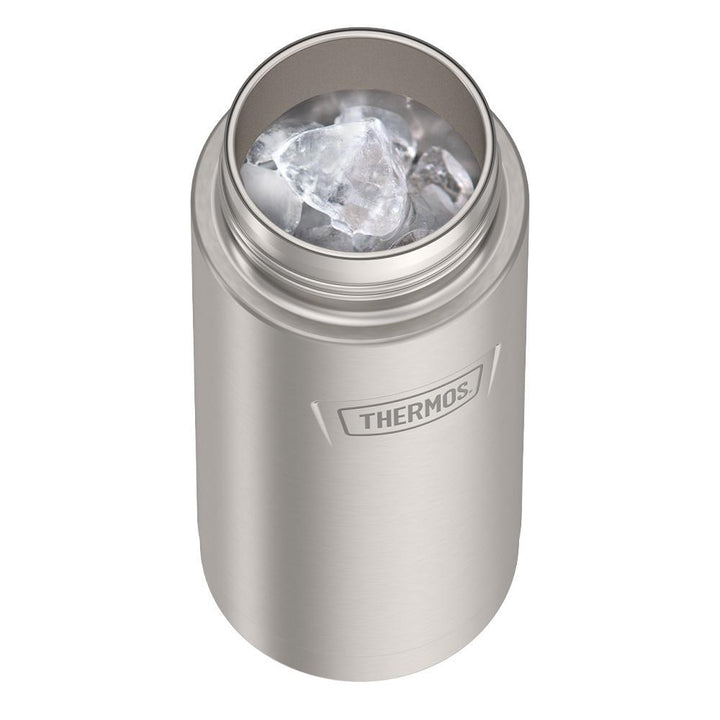 Thermos 18 ounce Stainless Steel Water Bottle with locking, covered spout lid, top view with lid off and showing ice inside, Matte Stainless Steel.