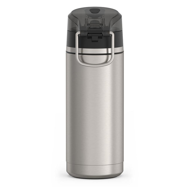 Thermos 18 ounce Stainless Steel Water Bottle with locking, covered spout lid, back view, Matte Stainless Steel.