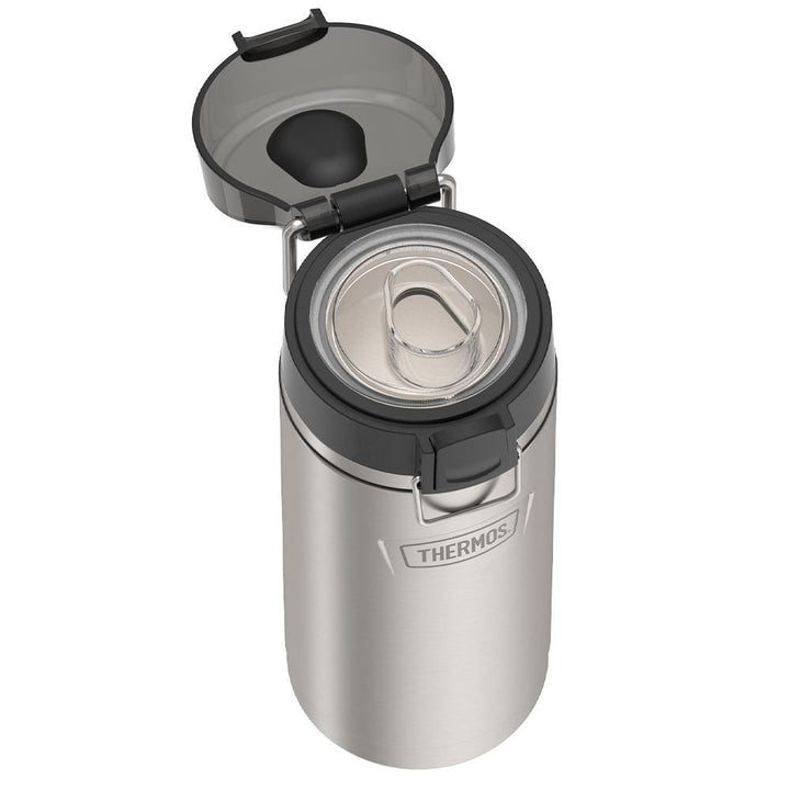Thermos 18 ounce Stainless Steel Water Bottle with locking, covered spout lid, top view with covered lid open and showing spout, Matte Stainless Steel.