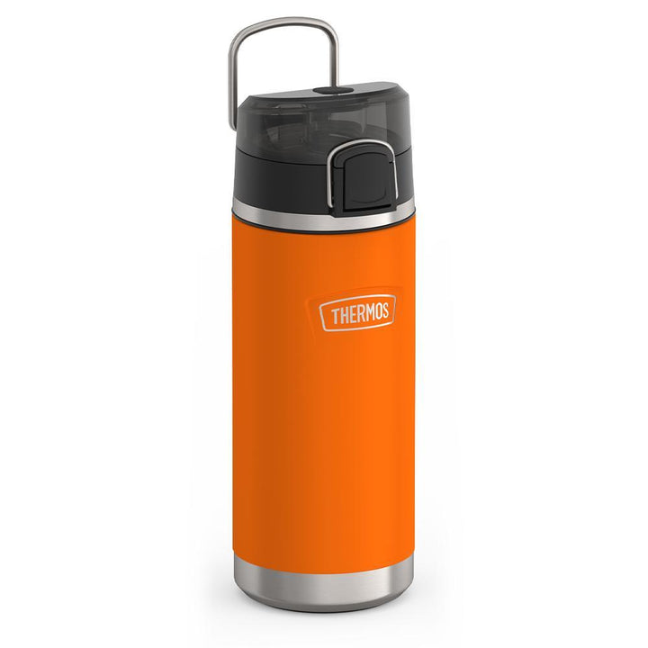 Thermos 18 ounce Stainless Steel Water Bottle with locking, covered spout lid, side view with metal handle up, Orange.