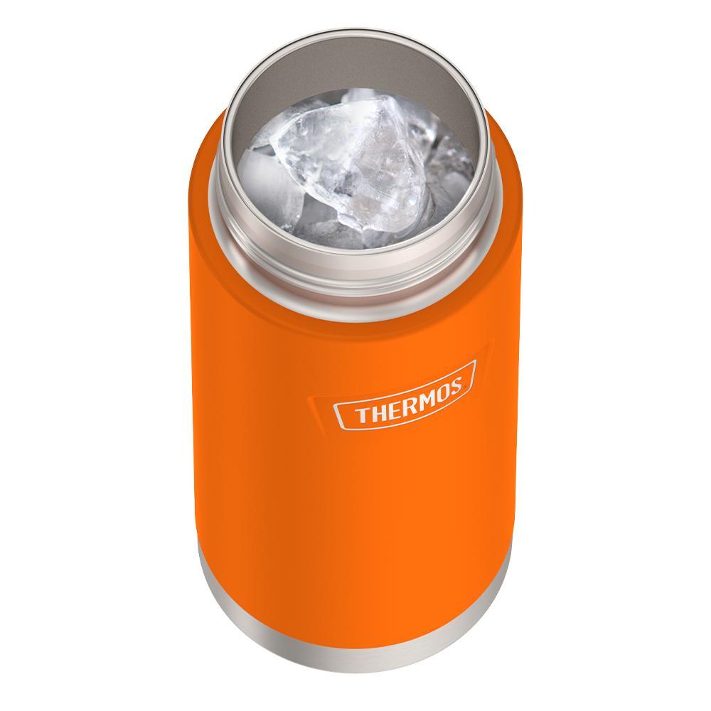 Thermos 18 ounce Stainless Steel Water Bottle with locking, covered spout lid, top view with lid off and showing ice inside, Orange.