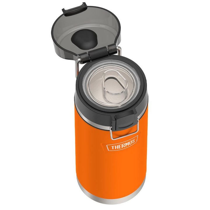 Thermos 18 ounce Stainless Steel Water Bottle with locking, covered spout lid, top view with covered lid open and showing spout, Orange.