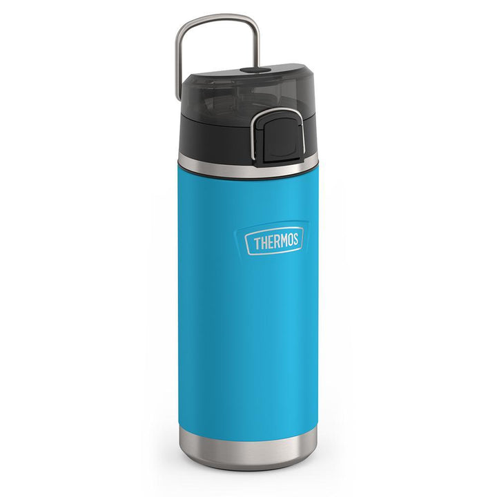 Thermos 18 ounce Stainless Steel Water Bottle with locking, covered spout lid, side view with metal handle up, Dark Teal.