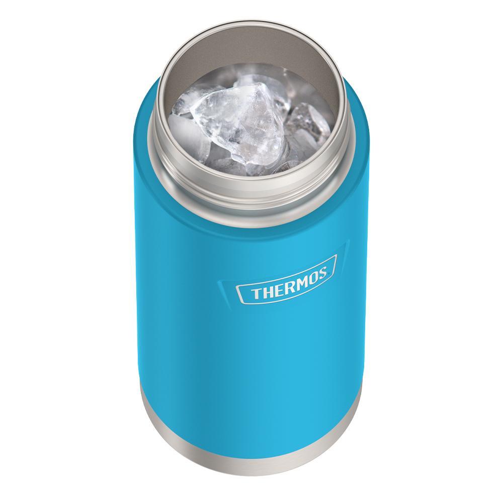 Thermos 18 ounce Stainless Steel Water Bottle with locking, covered spout lid, top view with lid off and showing ice inside, Dark Teal.