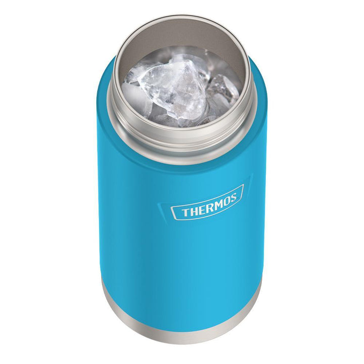 Thermos 18 ounce Stainless Steel Water Bottle with locking, covered spout lid, top view with lid off and showing ice inside, Dark Teal.