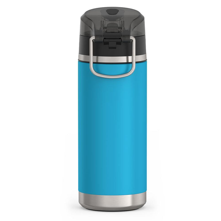 Thermos 18 ounce Stainless Steel Water Bottle with locking, covered spout lid, back view, Dark Teal.