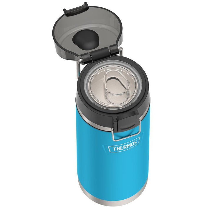 Thermos 18 ounce Stainless Steel Water Bottle with locking, covered spout lid, top view with covered lid open and showing spout, Dark Teal.