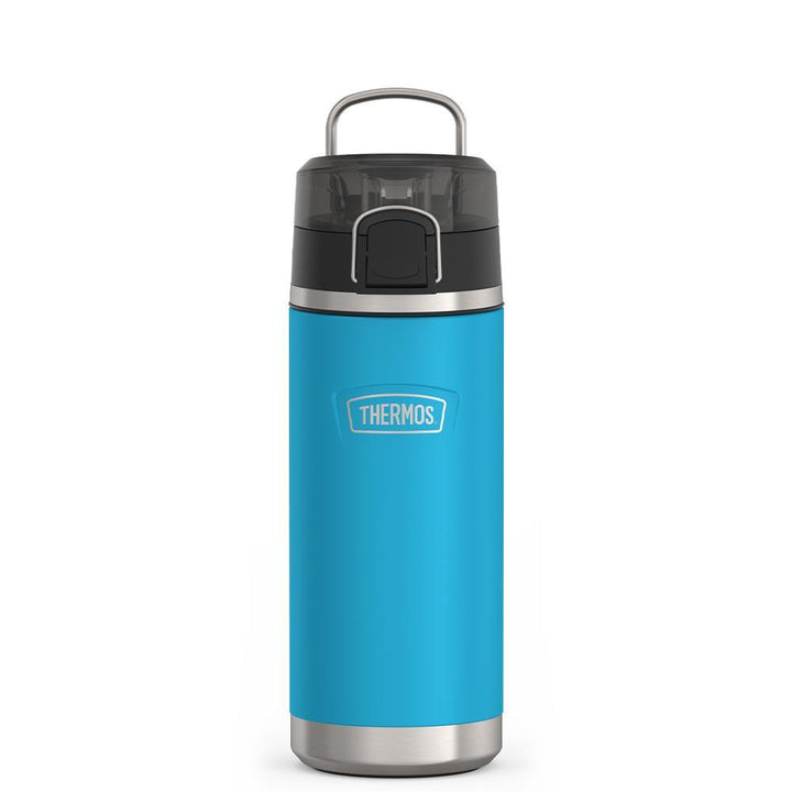 Thermos 18 ounce Stainless Steel Water Bottle with locking, covered spout lid, front view with metal handle up, Dark Teal.