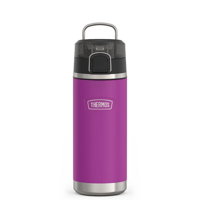 Thermos 18 ounce Stainless Steel Water Bottle with locking, covered spout lid, front view with metal handle up, Plum Purple.