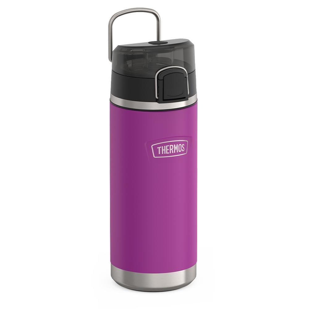 Thermos 18 ounce Stainless Steel Water Bottle with locking, covered spout lid, side view with metal handle up, Plum Purple.