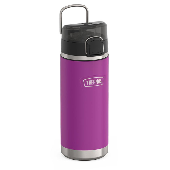Thermos 18 ounce Stainless Steel Water Bottle with locking, covered spout lid, side view with metal handle up, Plum Purple.