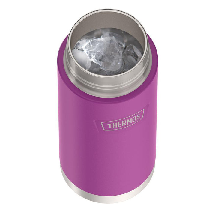 Thermos 18 ounce Stainless Steel Water Bottle with locking, covered spout lid, top view with lid off and showing ice inside, Plum Purple.