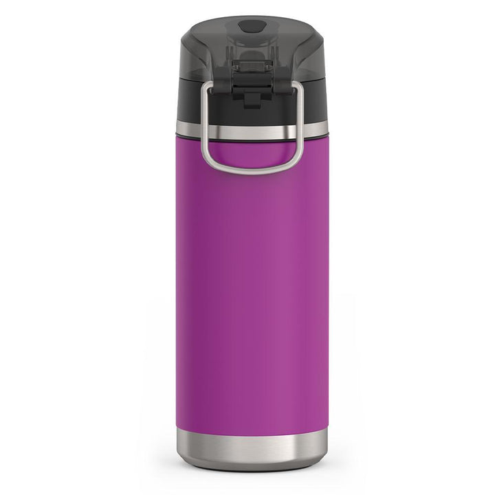 Thermos 18 ounce Stainless Steel Water Bottle with locking, covered spout lid, back view, Plum Purple.