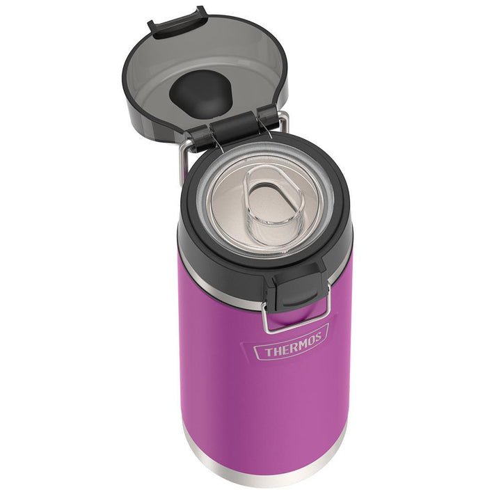 Thermos 18 ounce Stainless Steel Water Bottle with locking, covered spout lid, top view with covered lid open and showing spout, Plum Purple.