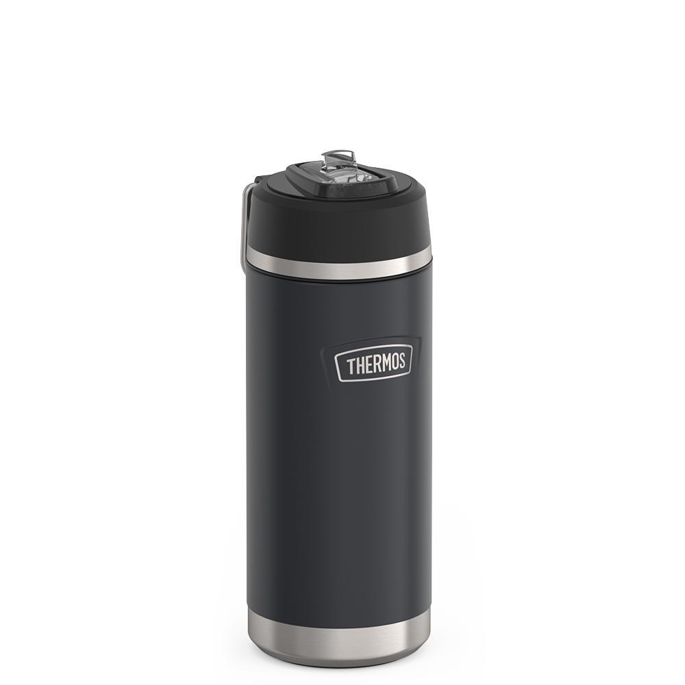 Thermos 18 ounce Stainless Steel Water Bottle with flip-up straw, side view with metal handle down, Granite Black.