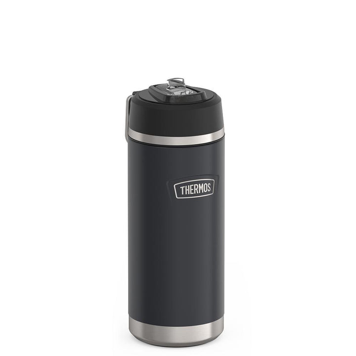 Thermos 18 ounce Stainless Steel Water Bottle with flip-up straw, side view with metal handle down, Granite Black.