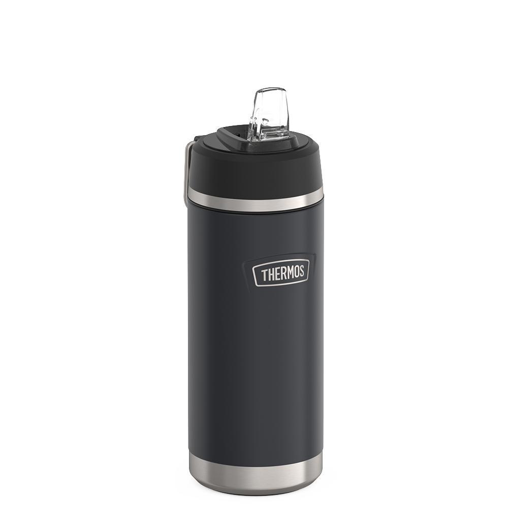 Thermos 18 ounce Stainless Steel Water Bottle with flip-up straw, side view with straw up and metal handle down, Granite Black.