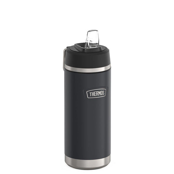 Thermos 18 ounce Stainless Steel Water Bottle with flip-up straw, side view with straw up and metal handle down, Granite Black.