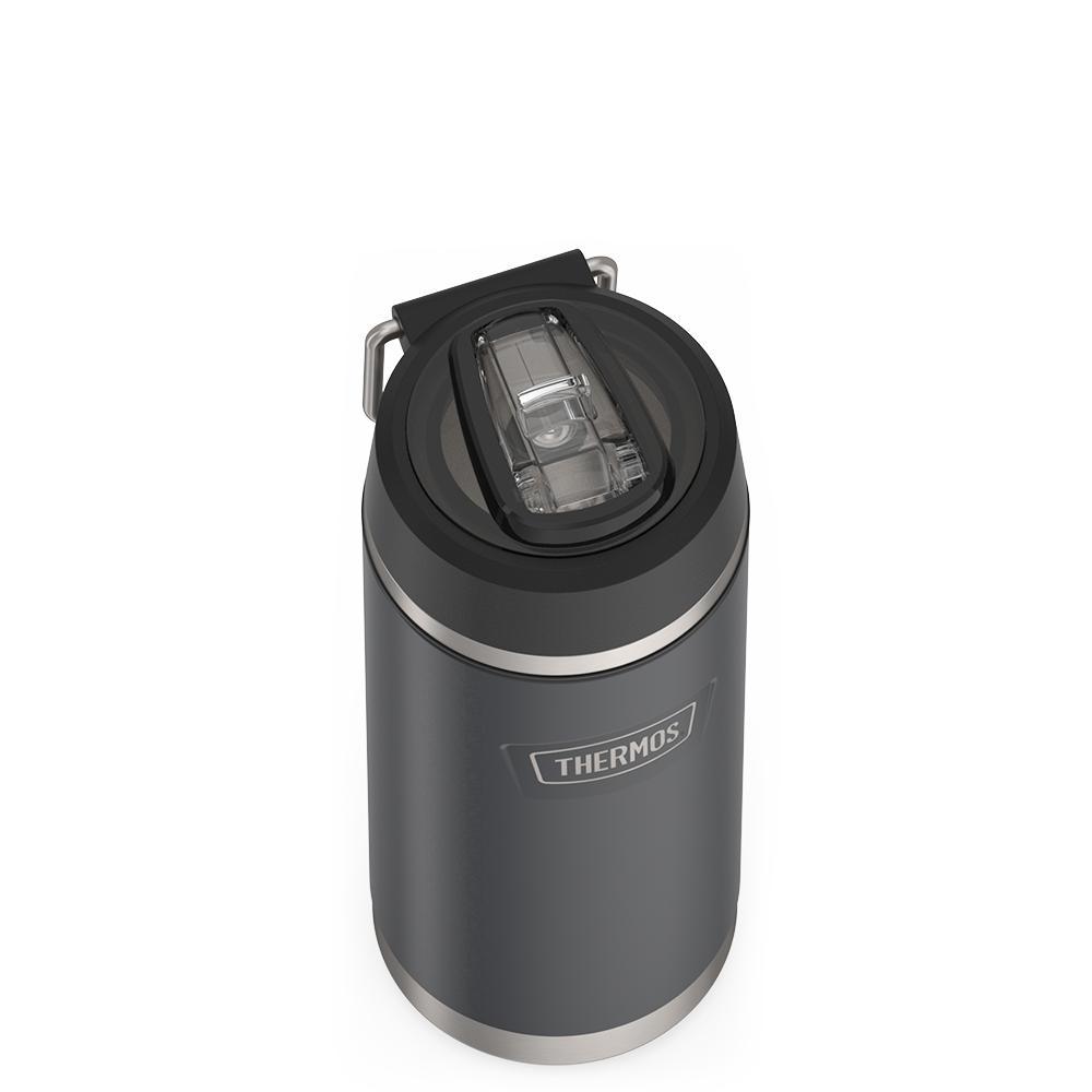 Thermos 18 ounce Stainless Steel Water Bottle with flip-up straw, top view with straw flipped down, Granite Black.
