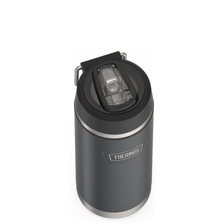 Thermos 18 ounce Stainless Steel Water Bottle with flip-up straw, top view with straw flipped down, Granite Black.