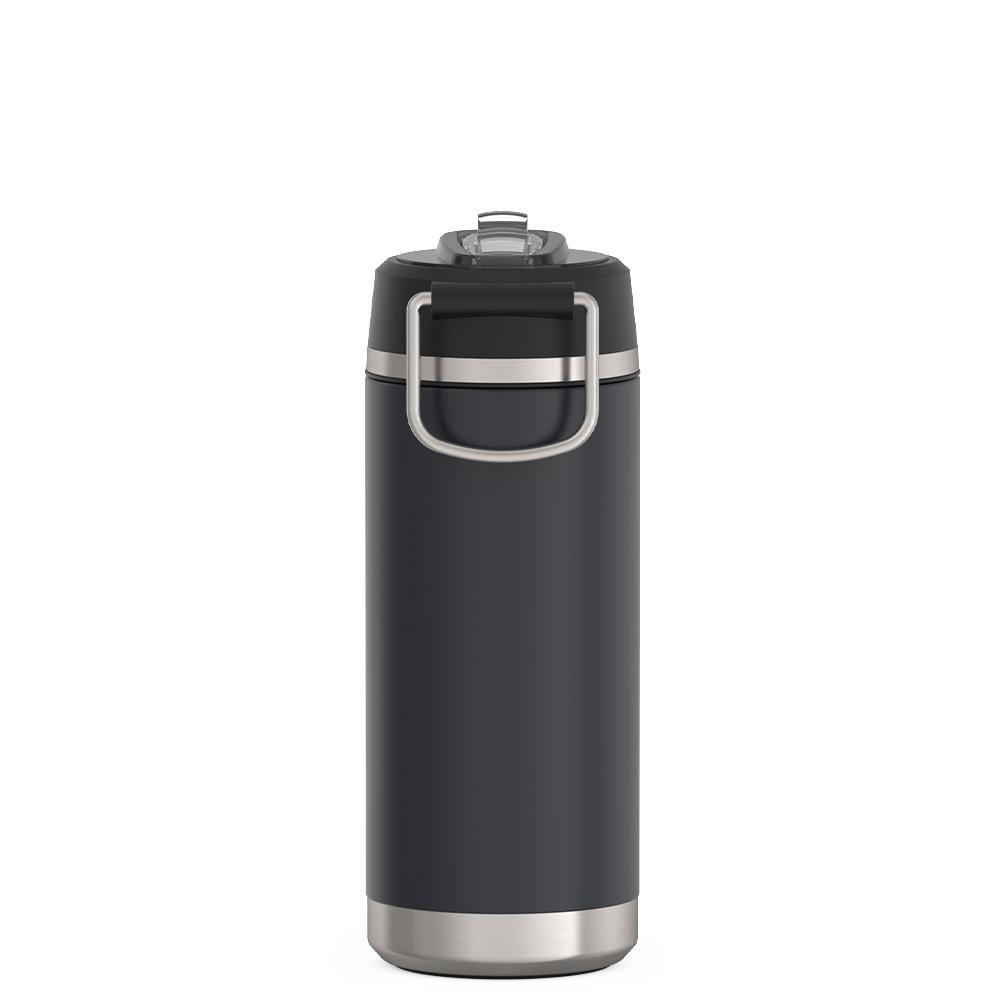 Thermos 18 ounce Stainless Steel Water Bottle with flip-up straw, back view, Granite Black.