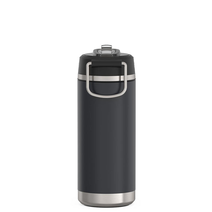 Thermos 18 ounce Stainless Steel Water Bottle with flip-up straw, back view, Granite Black.