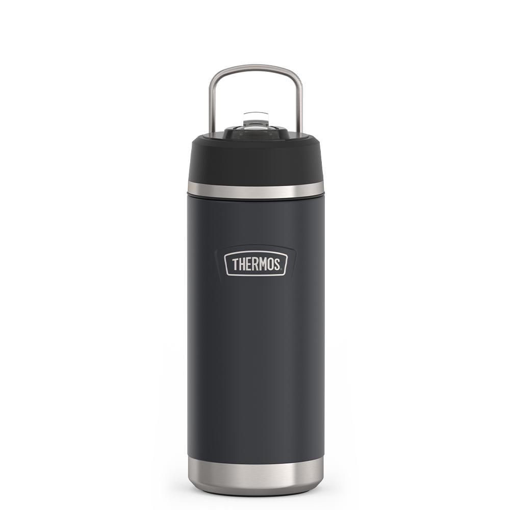 Thermos 18 ounce Stainless Steel Water Bottle with flip-up straw, front view with metal handle up, Granite Black.
