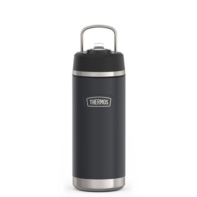 Thermos 18 ounce Stainless Steel Water Bottle with flip-up straw, front view with metal handle up, Granite Black.