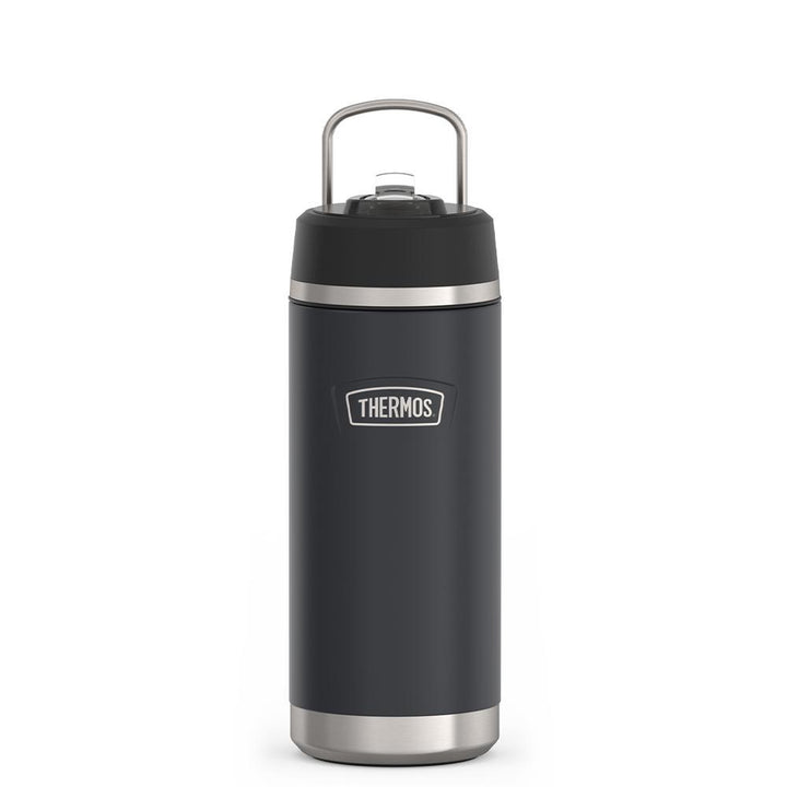 Thermos 18 ounce Stainless Steel Water Bottle with flip-up straw, front view with metal handle up, Granite Black.