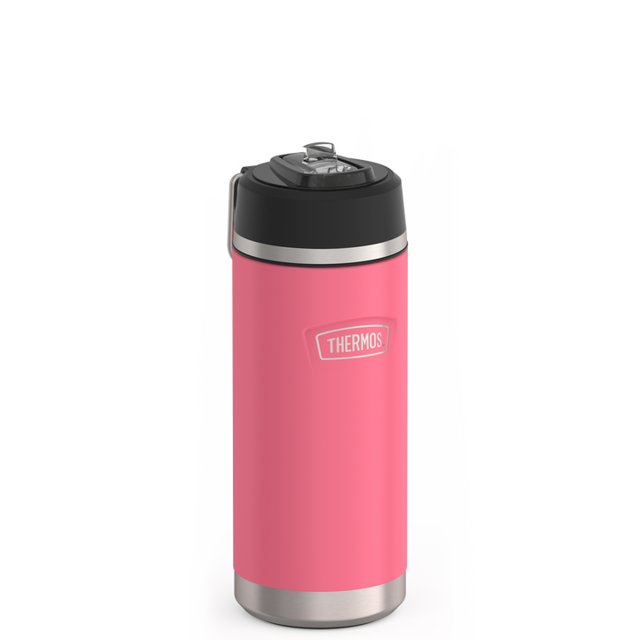 Thermos 18 ounce Stainless Steel Water Bottle with flip-up straw, side view with metal handle down, Hot Pink.