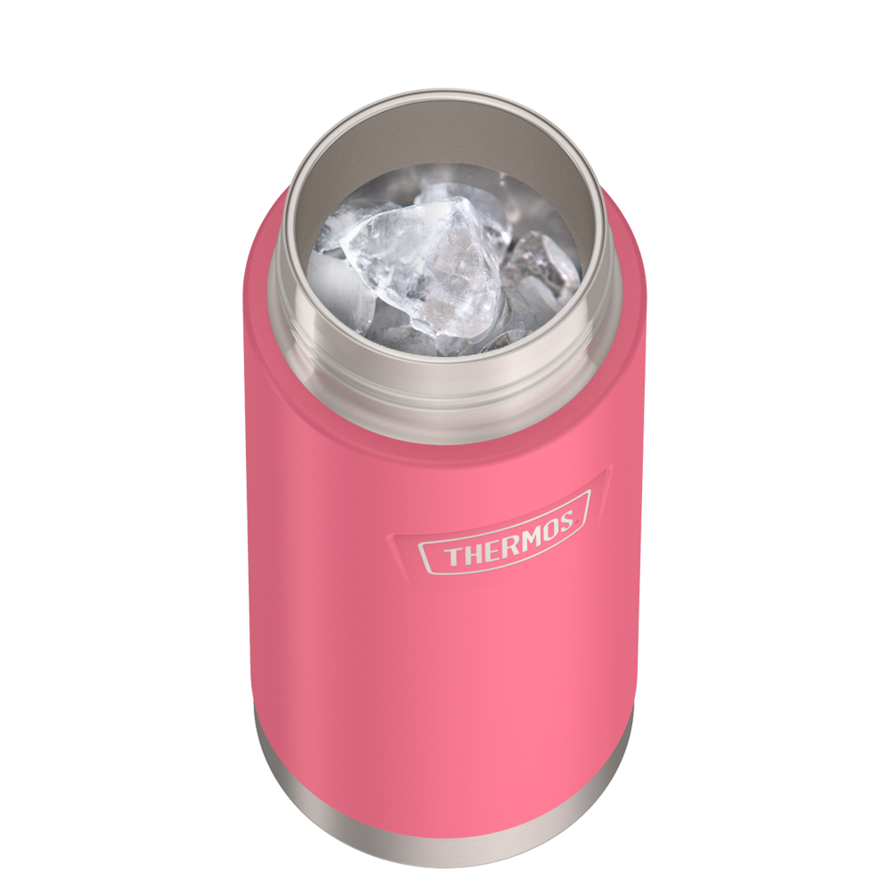 Thermos 18 ounce Stainless Steel Water Bottle with flip-up straw, top view with lid off and showing ice inside, Hot Pink.