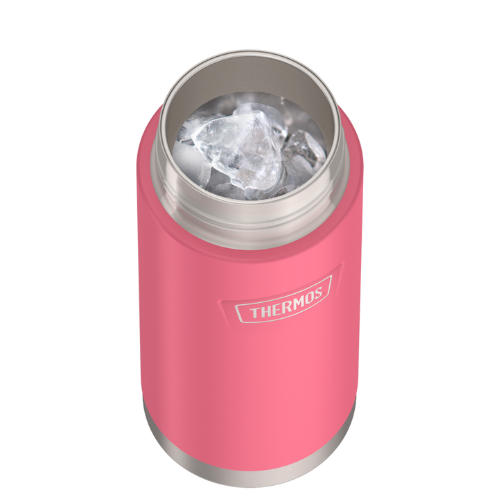 Thermos 18 ounce Stainless Steel Water Bottle with flip-up straw, top view with lid off and showing ice inside, Hot Pink.