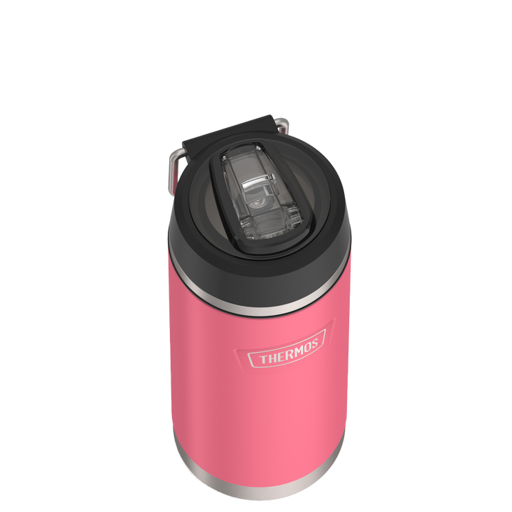 Thermos 18 ounce Stainless Steel Water Bottle with flip-up straw, top view with straw flipped down, Hot Pink.