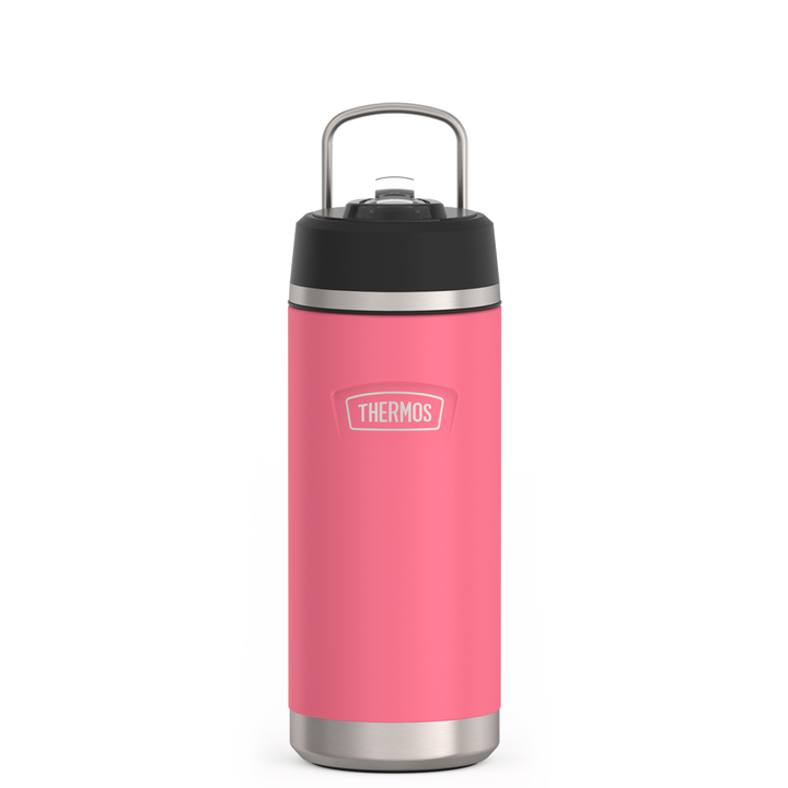 Thermos 18 ounce Stainless Steel Water Bottle with flip-up straw, front view with metal handle up, Hot Pink.