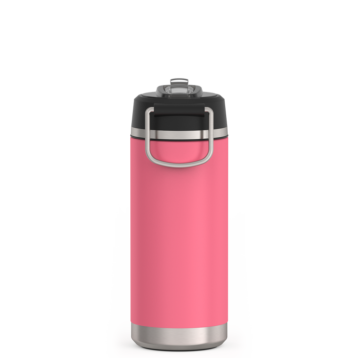 Thermos 18 ounce Stainless Steel Water Bottle with flip-up straw, back view, Hot Pink.