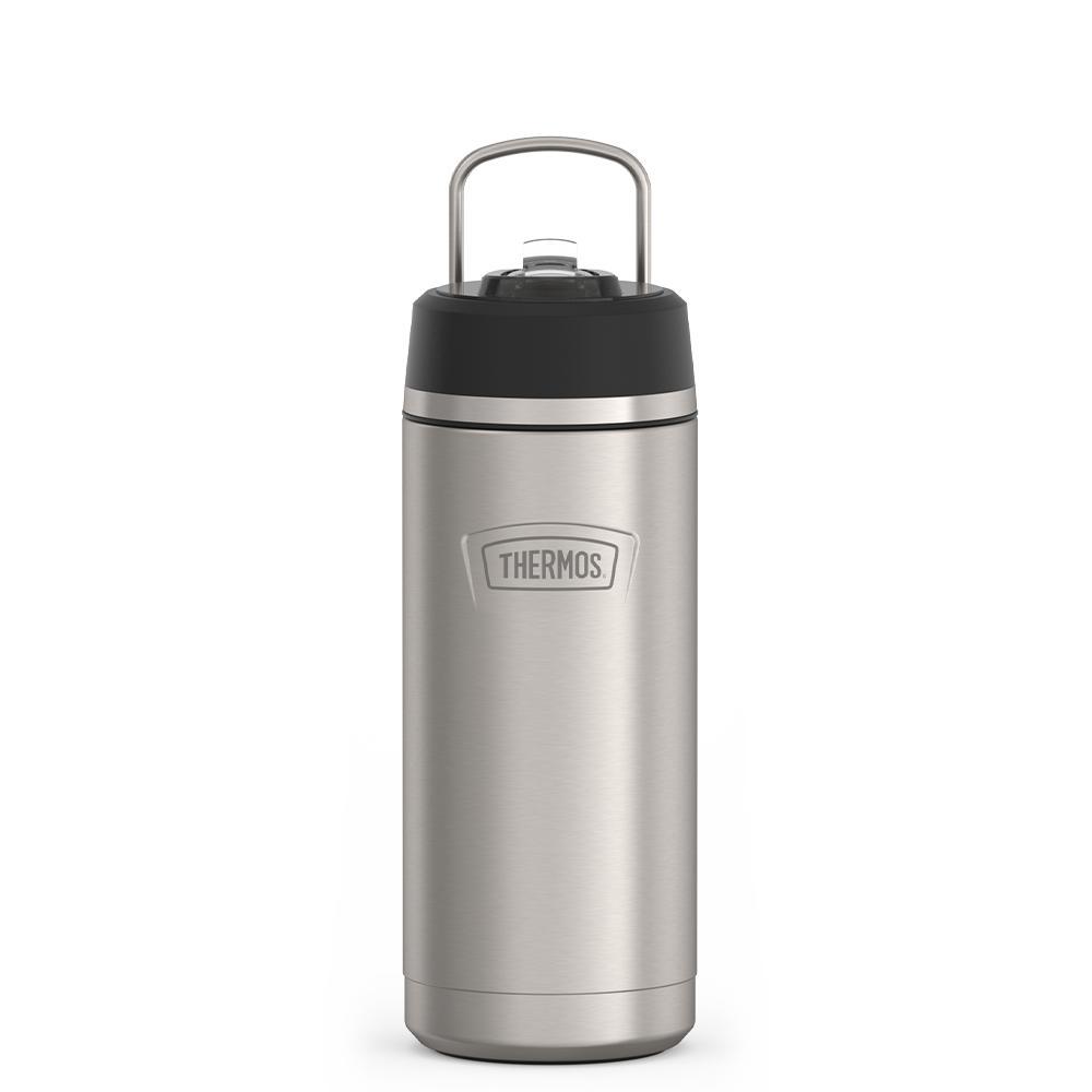 Thermos 18 ounce Stainless Steel Water Bottle with flip-up straw, front view with metal handle up, Matte Stainless Steel.