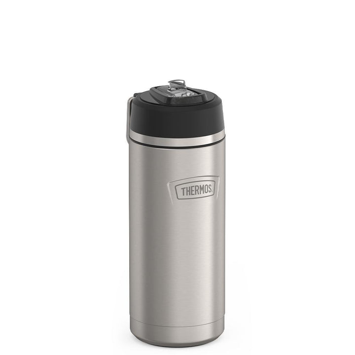 Thermos 18 ounce Stainless Steel Water Bottle with flip-up straw, side view with metal handle down, Matte Stainless Steel.