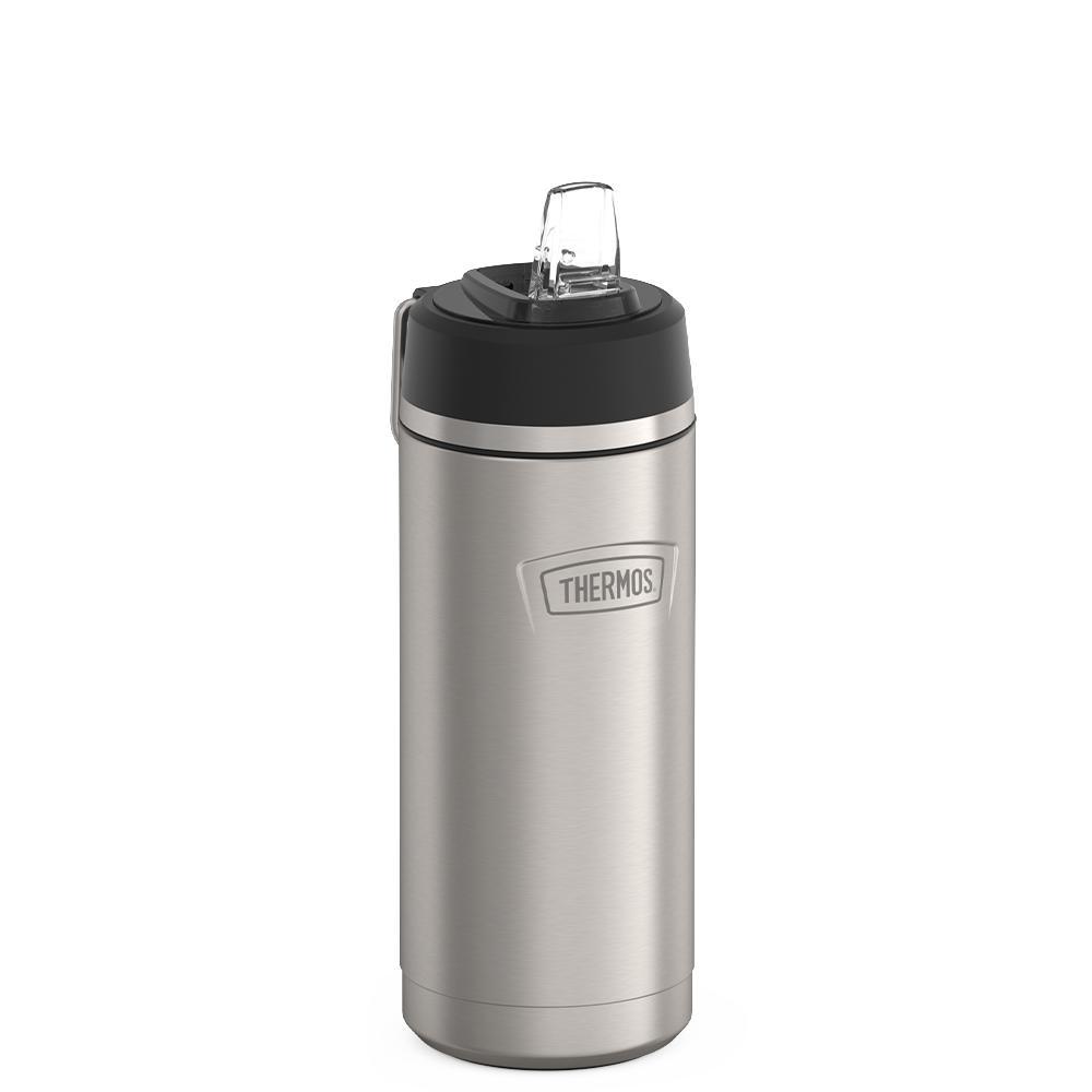 Thermos 18 ounce Stainless Steel Water Bottle with flip-up straw, side view with straw up and metal handle down, Matte Stainless Steel.