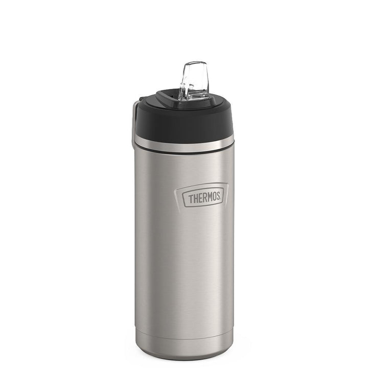 Thermos 18 ounce Stainless Steel Water Bottle with flip-up straw, side view with straw up and metal handle down, Matte Stainless Steel.