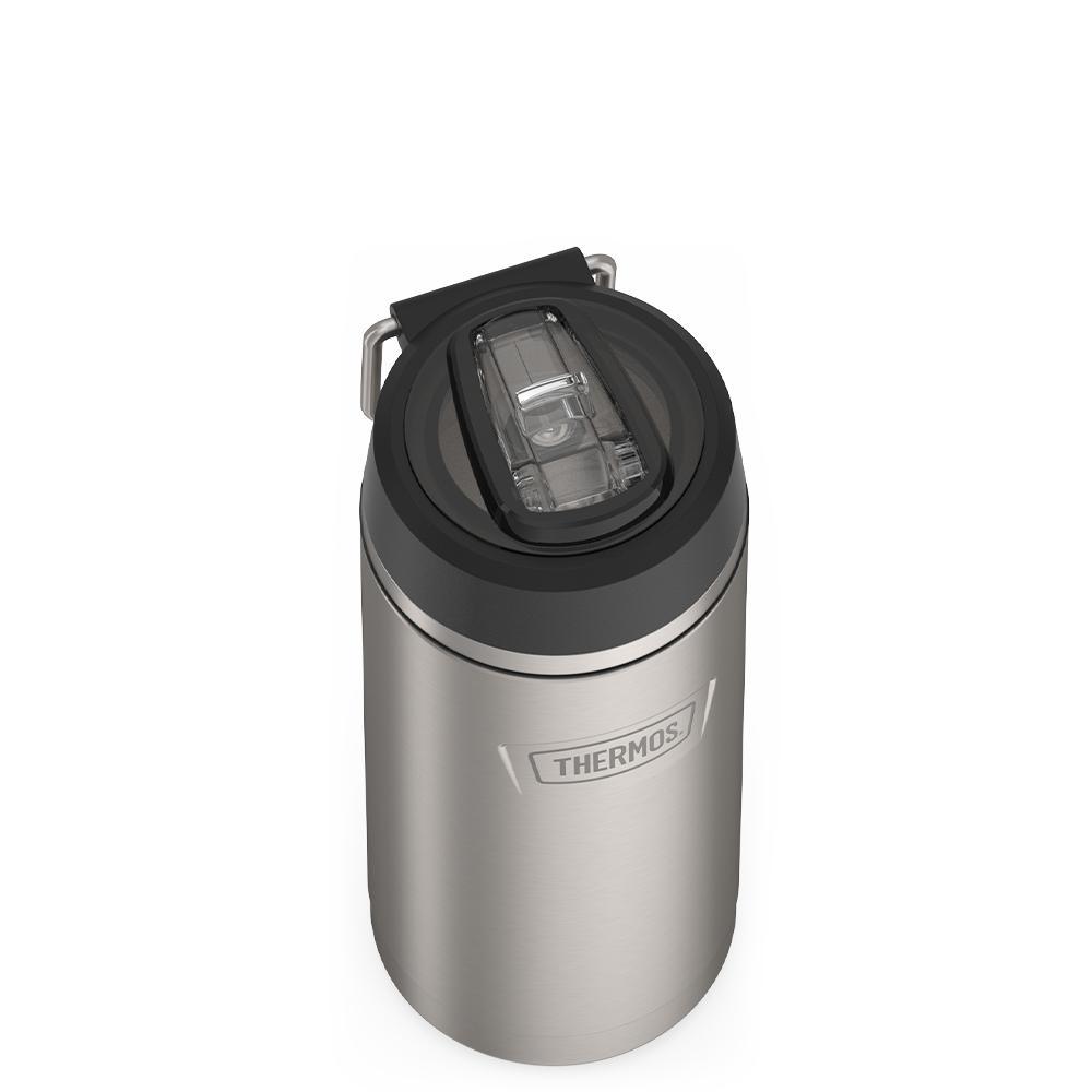Thermos 18 ounce Stainless Steel Water Bottle with flip-up straw, top view with straw flipped down, Matte Stainless Steel.