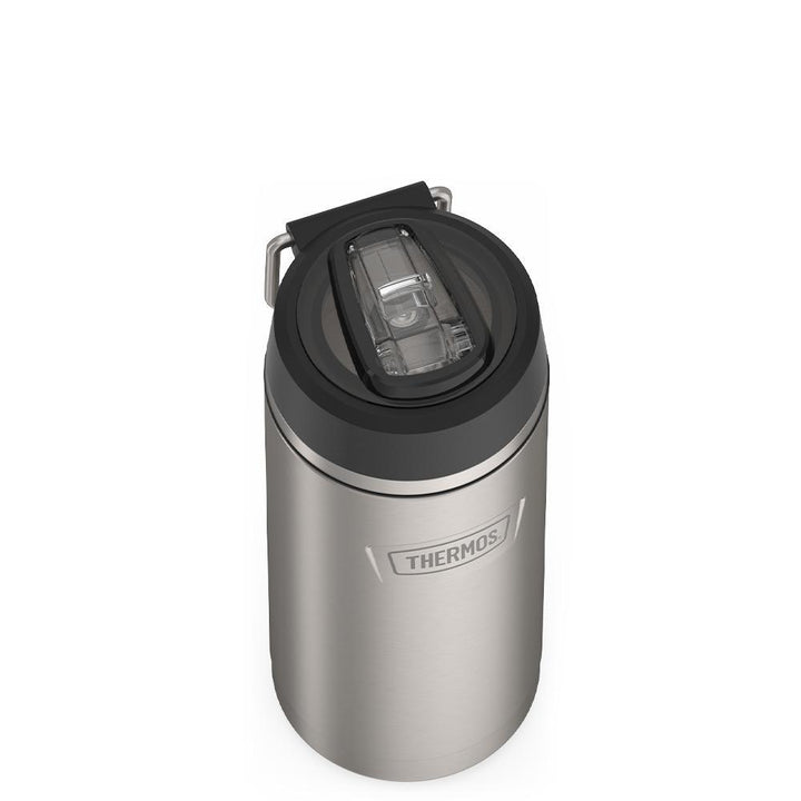 Thermos 18 ounce Stainless Steel Water Bottle with flip-up straw, top view with straw flipped down, Matte Stainless Steel.