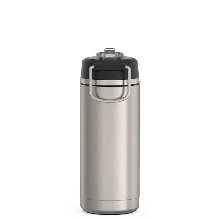 Thermos 18 ounce Stainless Steel Water Bottle with flip-up straw, back view, Matte Stainless Steel.