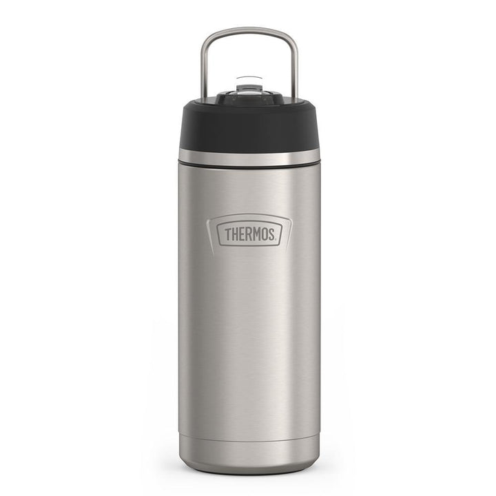 Thermos 18 ounce Stainless Steel Water Bottle with flip-up straw, front view with metal handle up, Matte Stainless Steel.