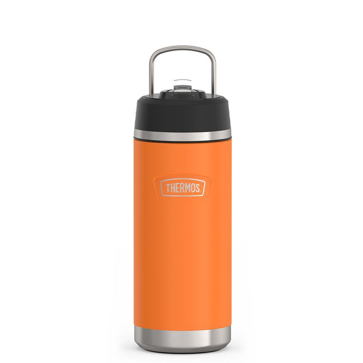 Thermos 18 ounce Stainless Steel Water Bottle with flip-up straw, front view with metal handle up, Orange.