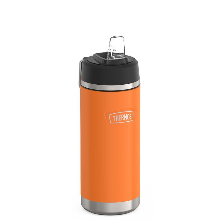 Thermos 18 ounce Stainless Steel Water Bottle with flip-up straw, side view with straw up and metal handle down, Orange.