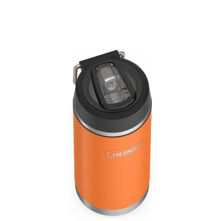 Thermos 18 ounce Stainless Steel Water Bottle with flip-up straw, top view with straw flipped down, Orange.